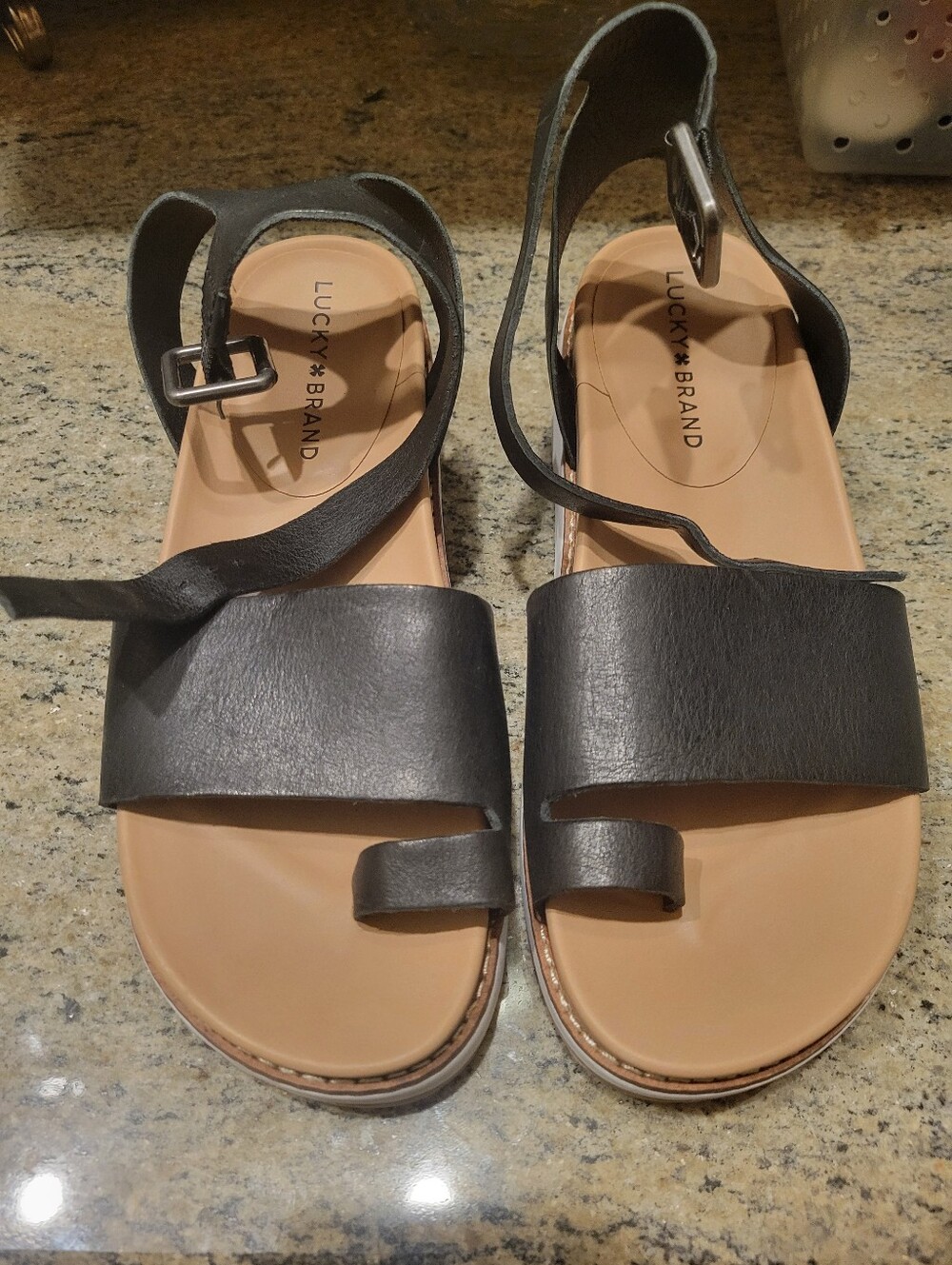 Lucky Brand Black Leather Toe-Loop Sandals with Tan Footbed